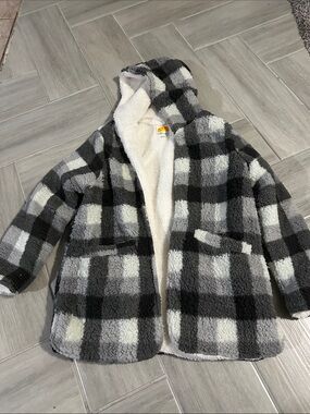C&C California Black & Gray Plaid Hooded Sherpa Jacket